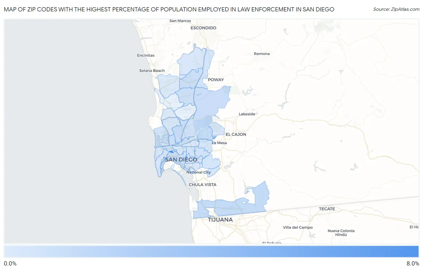 Zip Codes with the Highest Percentage of Population Employed in Law Enforcement in San Diego Map