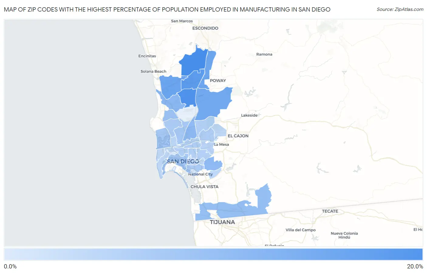 Zip Codes with the Highest Percentage of Population Employed in Manufacturing in San Diego Map