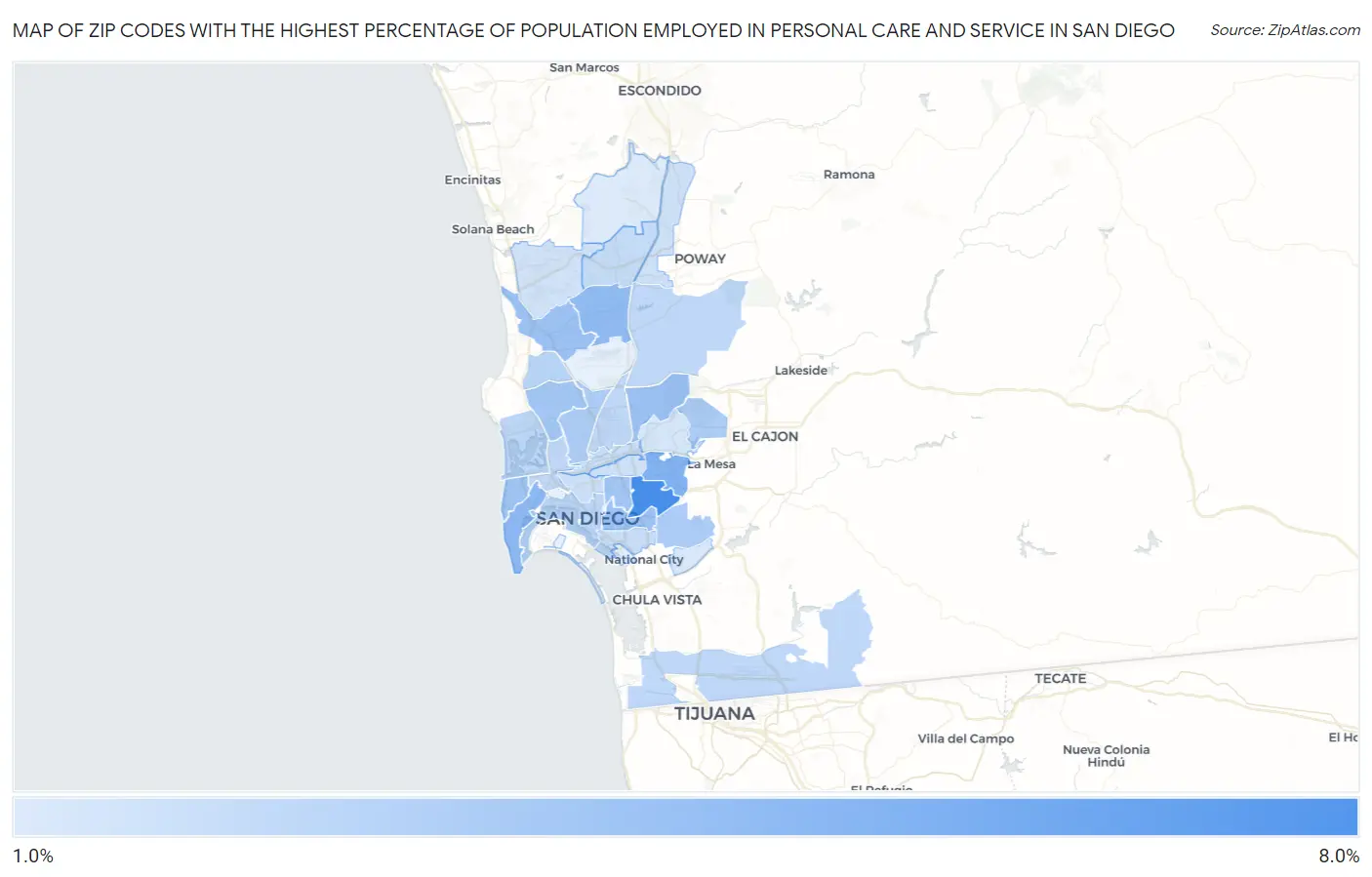 Zip Codes with the Highest Percentage of Population Employed in Personal Care and Service in San Diego Map