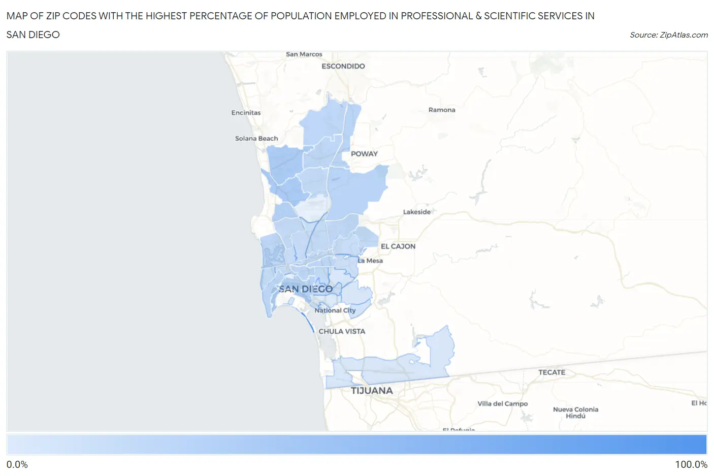 Zip Codes with the Highest Percentage of Population Employed in Professional & Scientific Services in San Diego Map