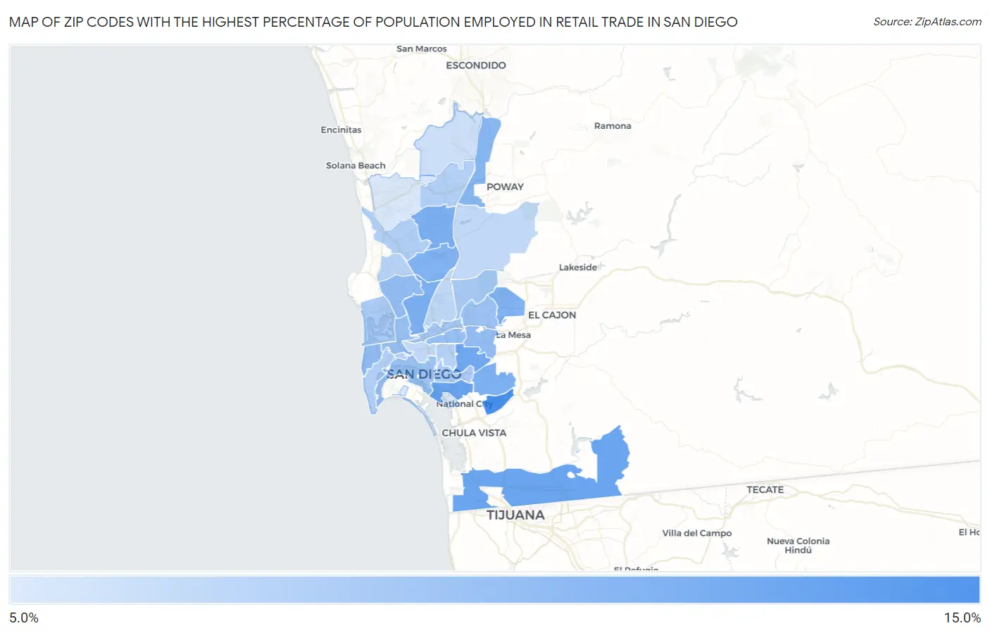 Zip Codes with the Highest Percentage of Population Employed in Retail Trade in San Diego Map