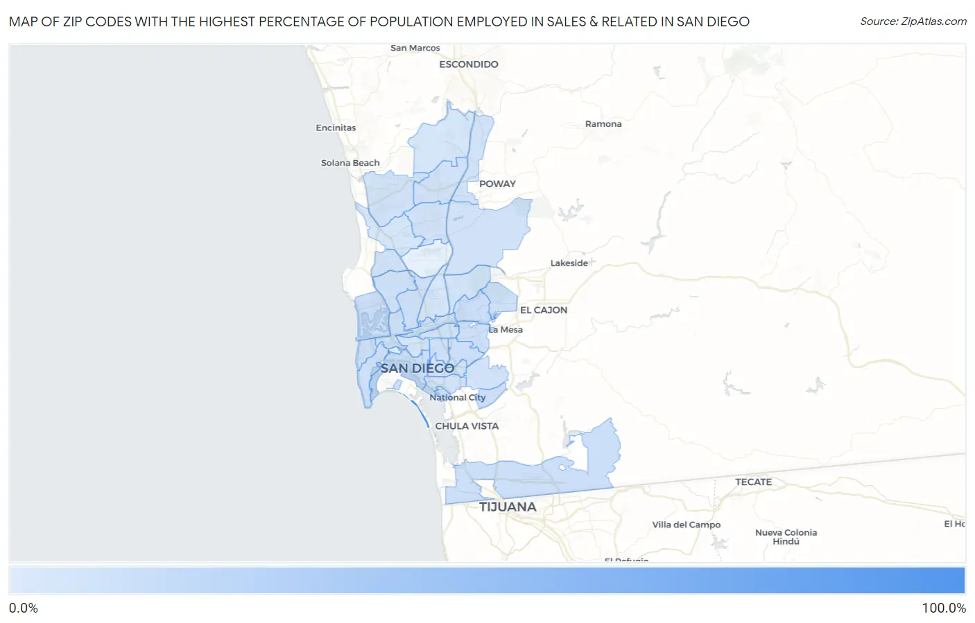 Zip Codes with the Highest Percentage of Population Employed in Sales & Related in San Diego Map