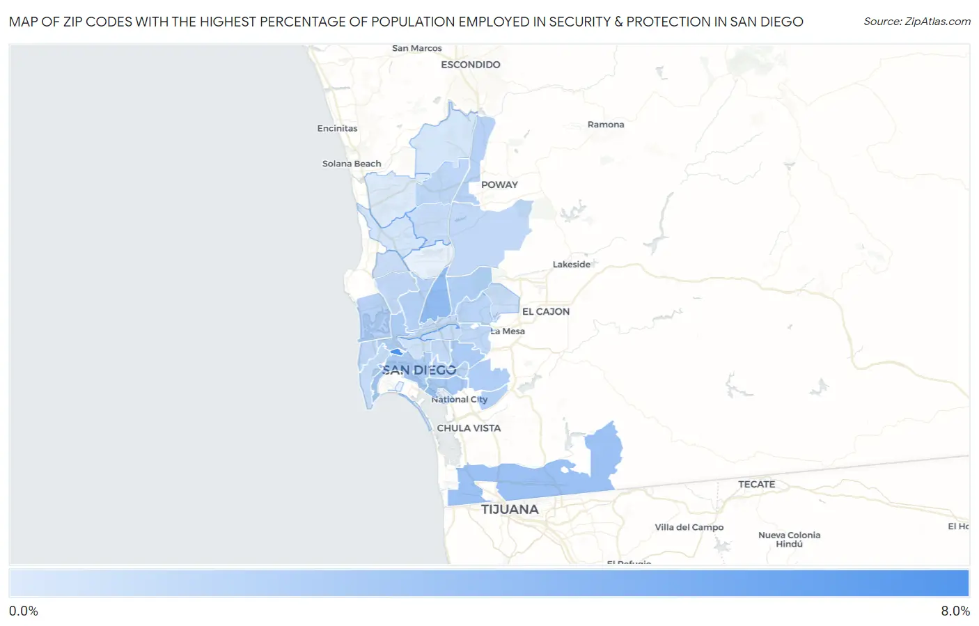 Zip Codes with the Highest Percentage of Population Employed in Security & Protection in San Diego Map
