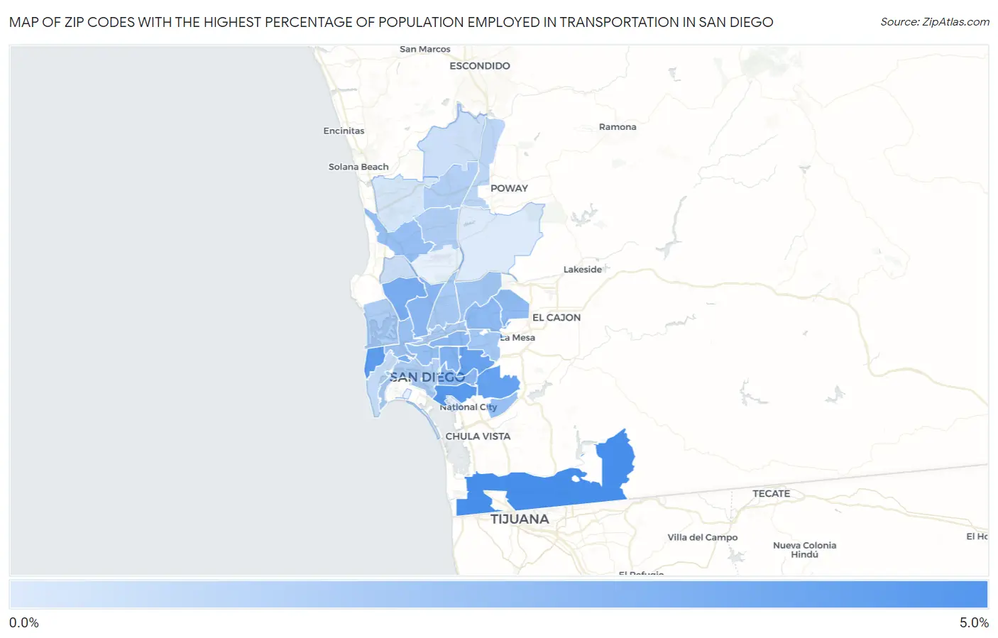 Zip Codes with the Highest Percentage of Population Employed in Transportation in San Diego Map