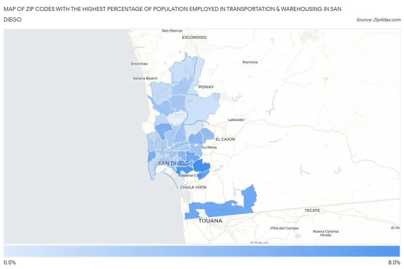 Zip Codes with the Highest Percentage of Population Employed in Transportation & Warehousing in San Diego Map