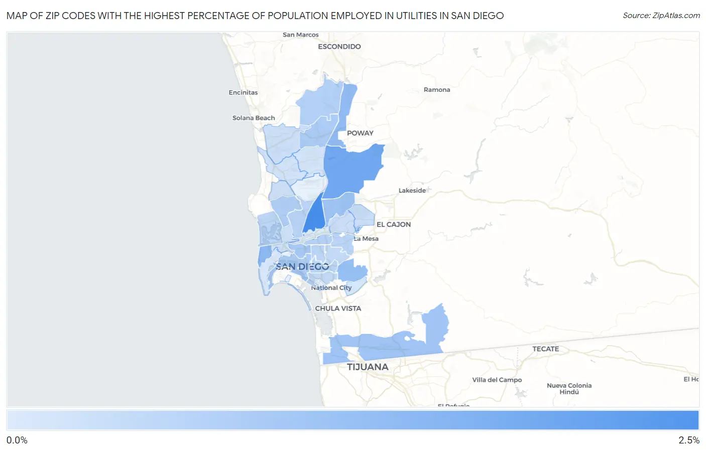 Zip Codes with the Highest Percentage of Population Employed in Utilities in San Diego Map
