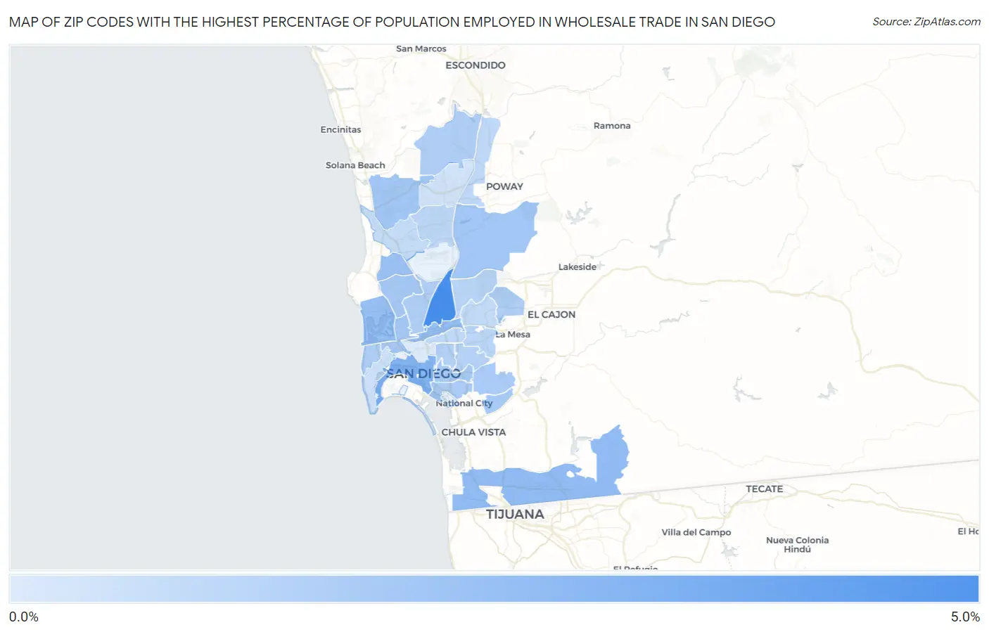 Zip Codes with the Highest Percentage of Population Employed in Wholesale Trade in San Diego Map