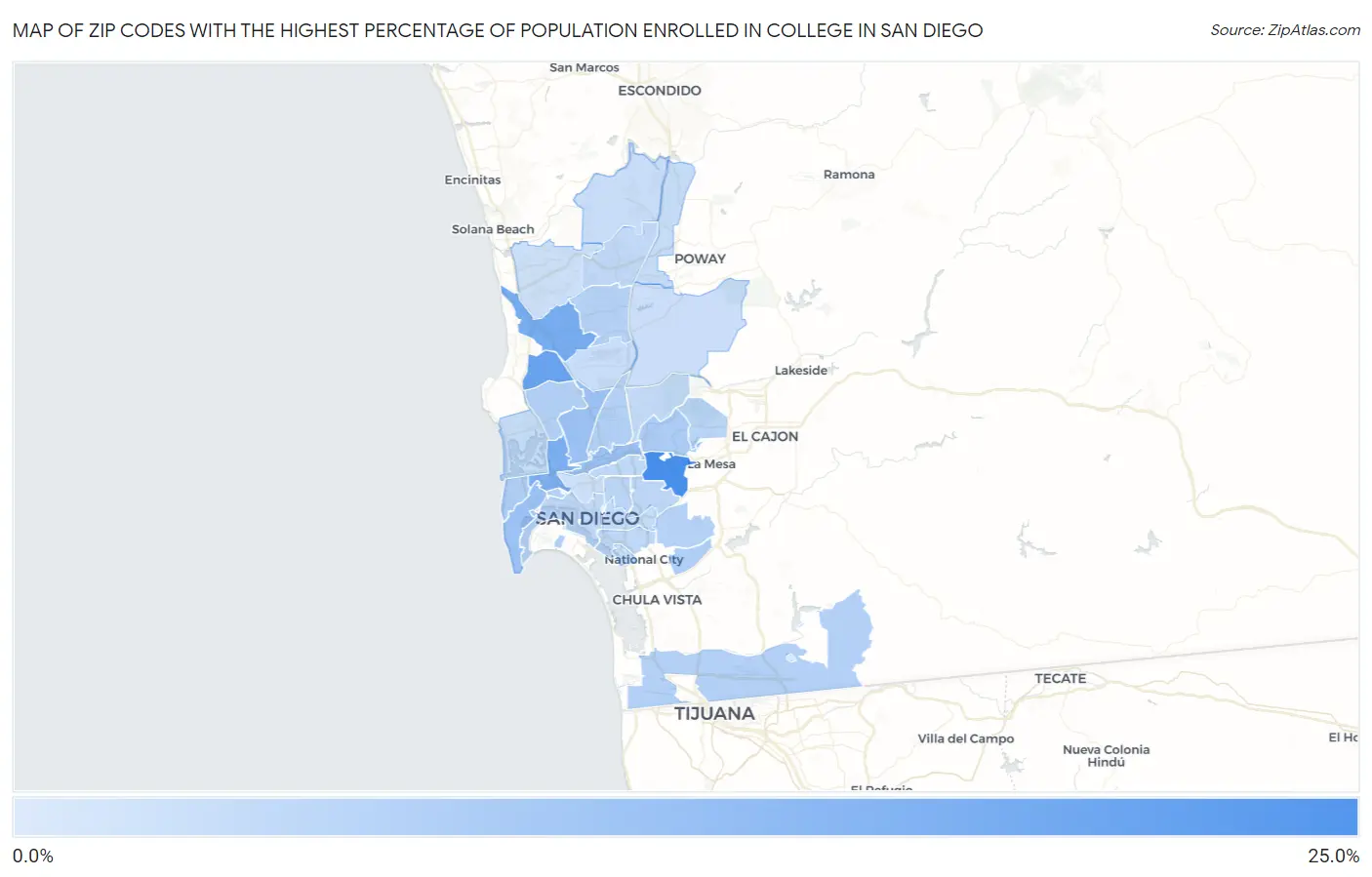 Zip Codes with the Highest Percentage of Population Enrolled in College in San Diego Map