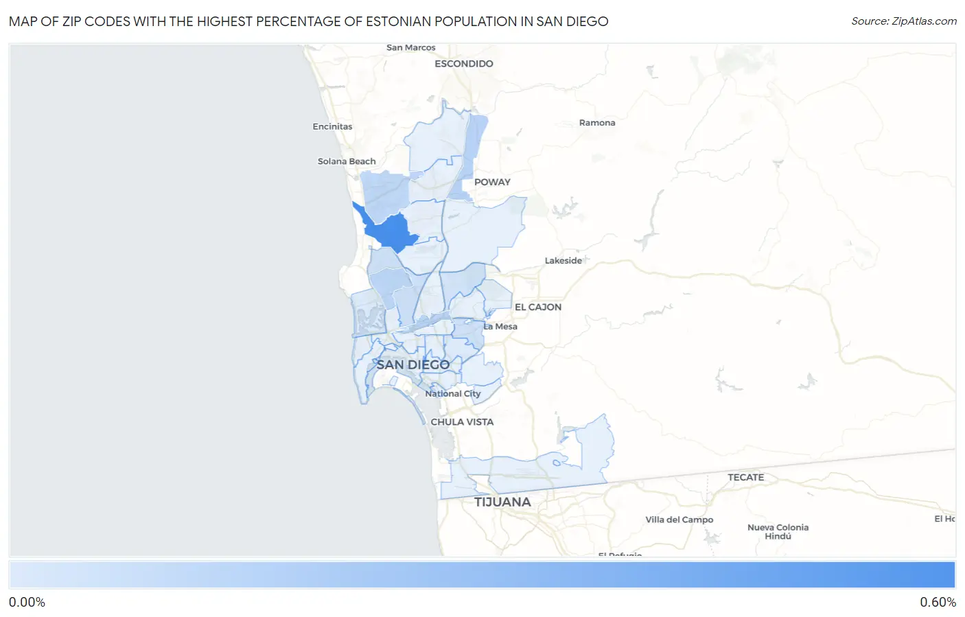 Zip Codes with the Highest Percentage of Estonian Population in San Diego Map