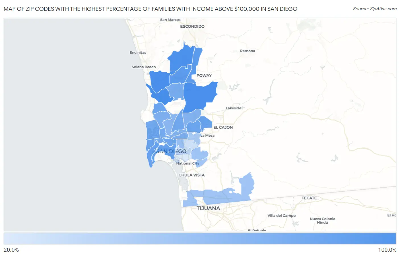 Zip Codes with the Highest Percentage of Families with Income Above $100,000 in San Diego Map