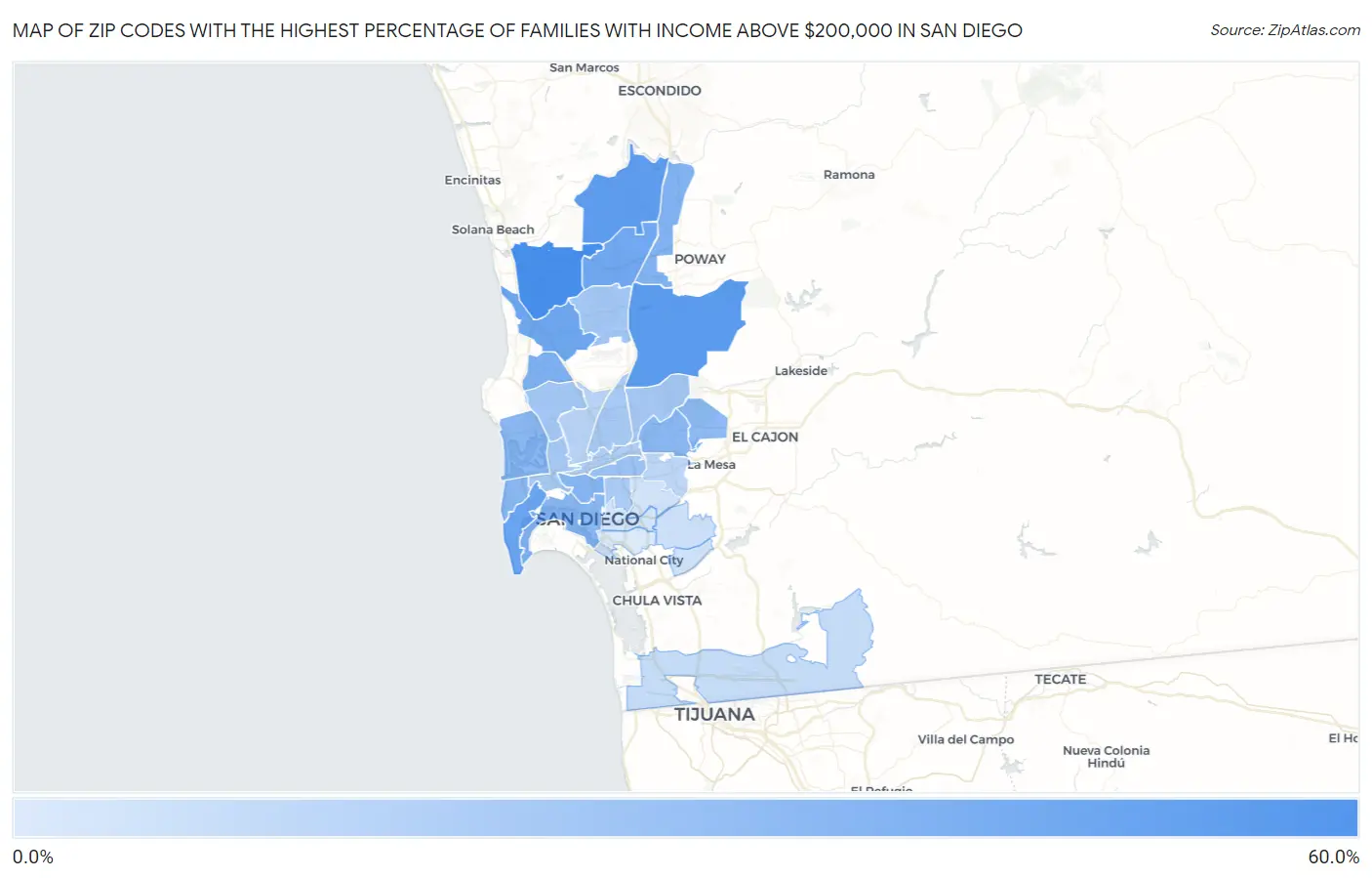Zip Codes with the Highest Percentage of Families with Income Above $200,000 in San Diego Map
