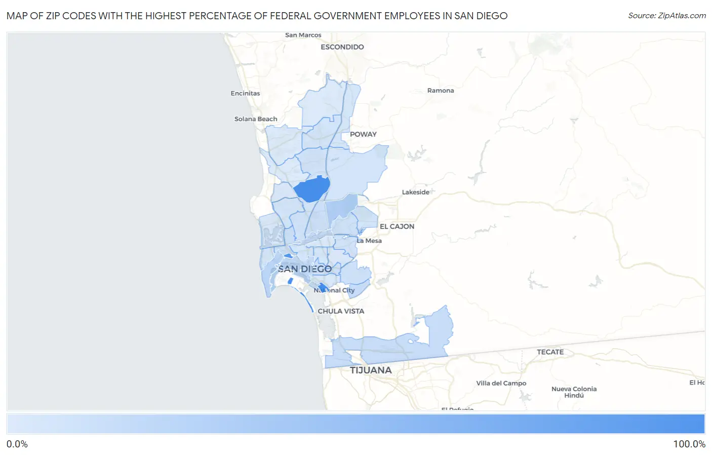 Zip Codes with the Highest Percentage of Federal Government Employees in San Diego Map