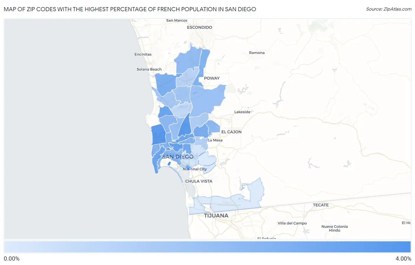 Zip Codes with the Highest Percentage of French Population in San Diego Map