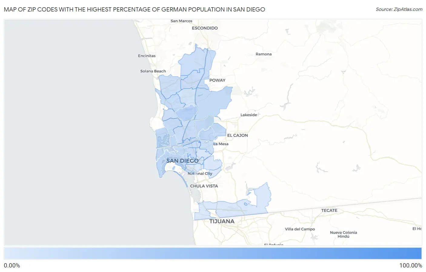 Zip Codes with the Highest Percentage of German Population in San Diego Map