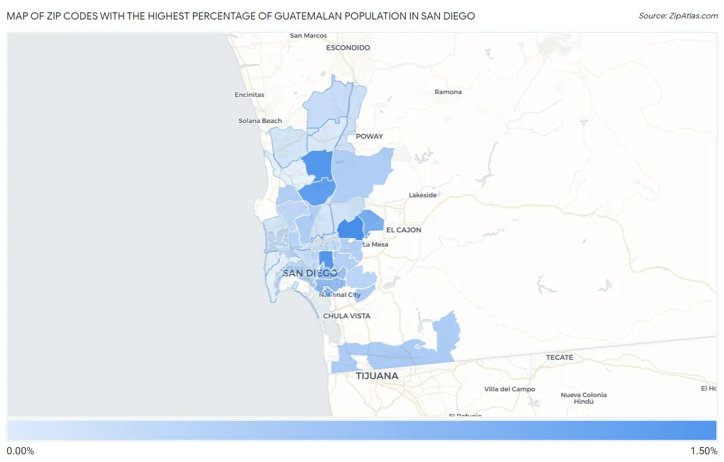 Zip Codes with the Highest Percentage of Guatemalan Population in San Diego Map