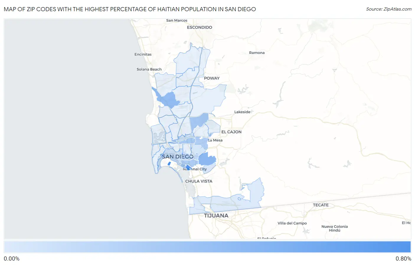 Zip Codes with the Highest Percentage of Haitian Population in San Diego Map