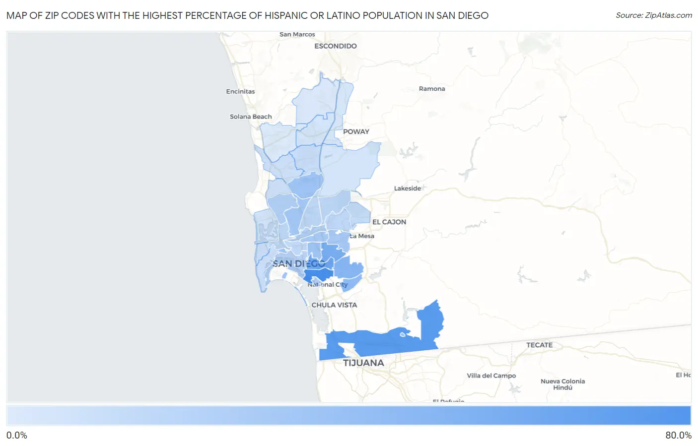 Zip Codes with the Highest Percentage of Hispanic or Latino Population in San Diego Map