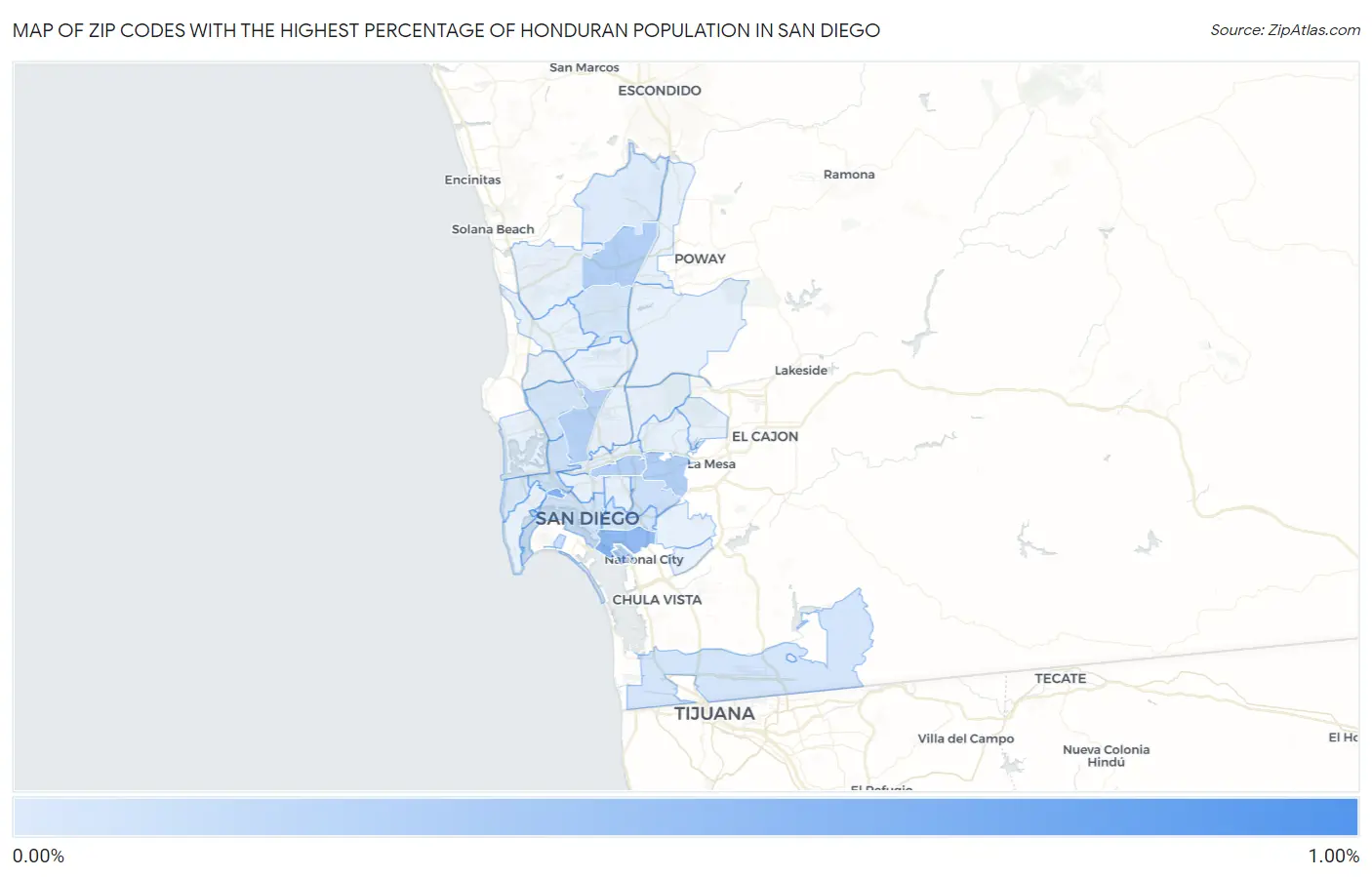 Zip Codes with the Highest Percentage of Honduran Population in San Diego Map