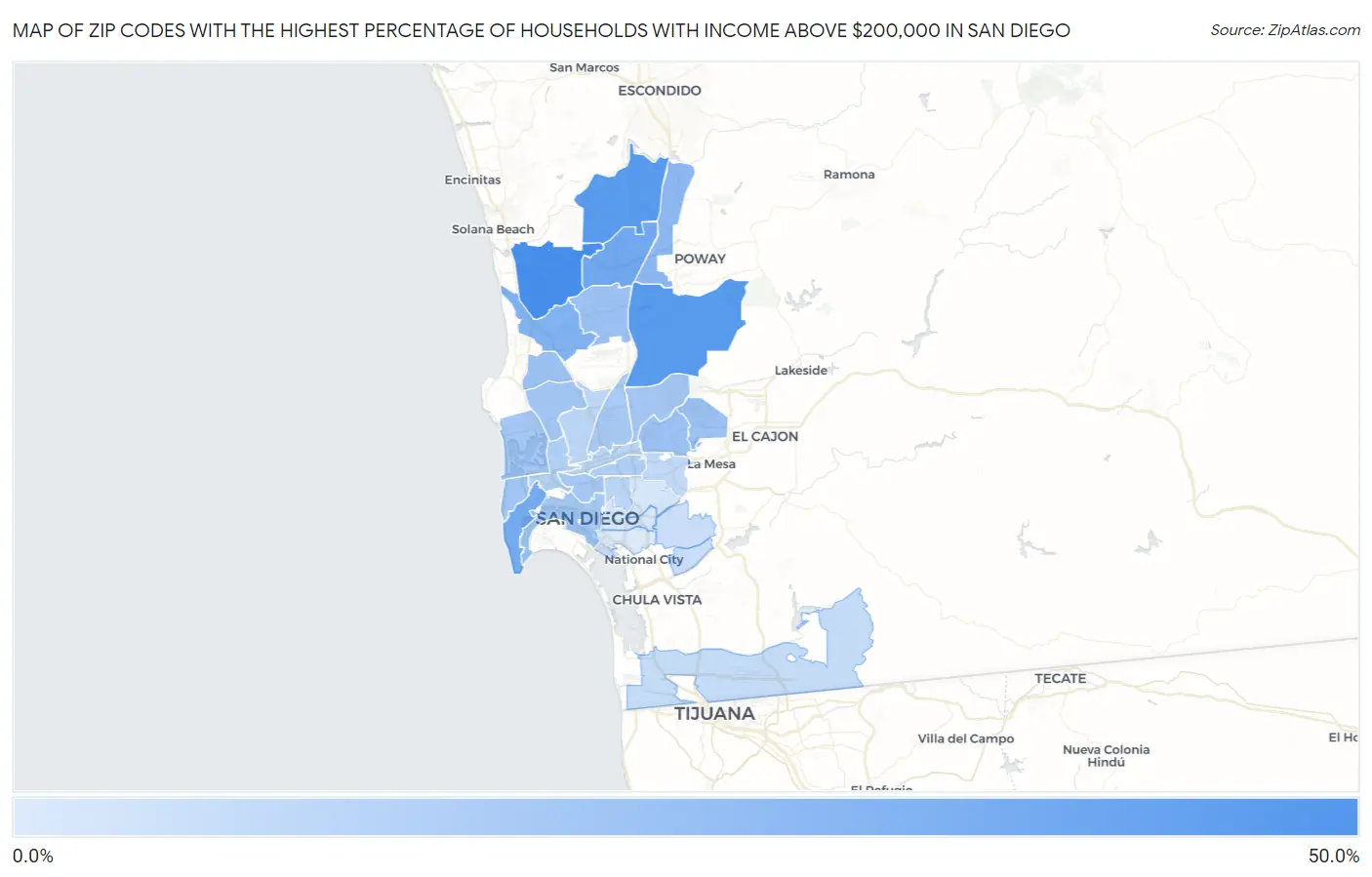 Zip Codes with the Highest Percentage of Households with Income Above $200,000 in San Diego Map