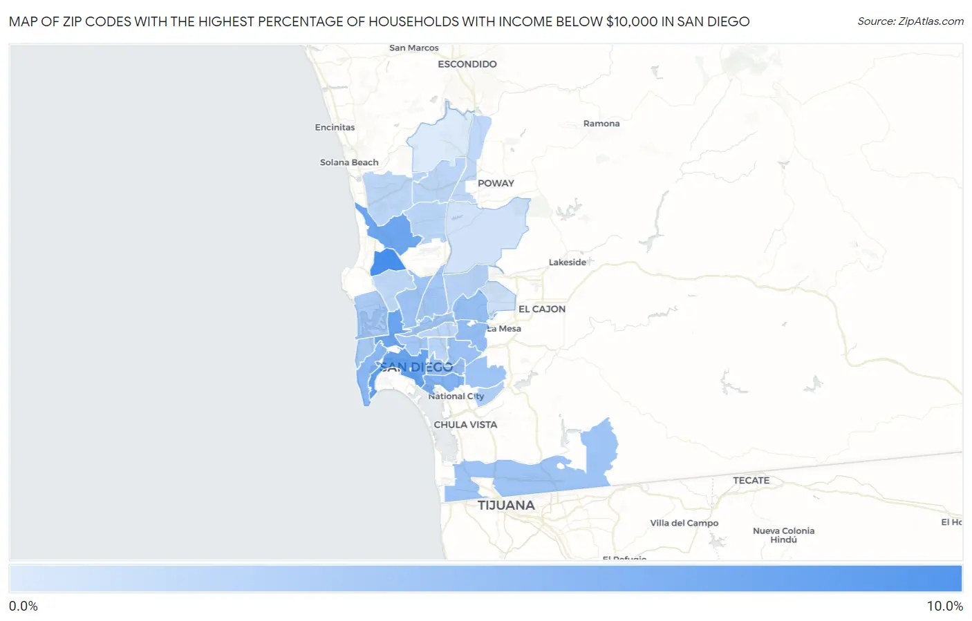 Zip Codes with the Highest Percentage of Households with Income Below $10,000 in San Diego Map