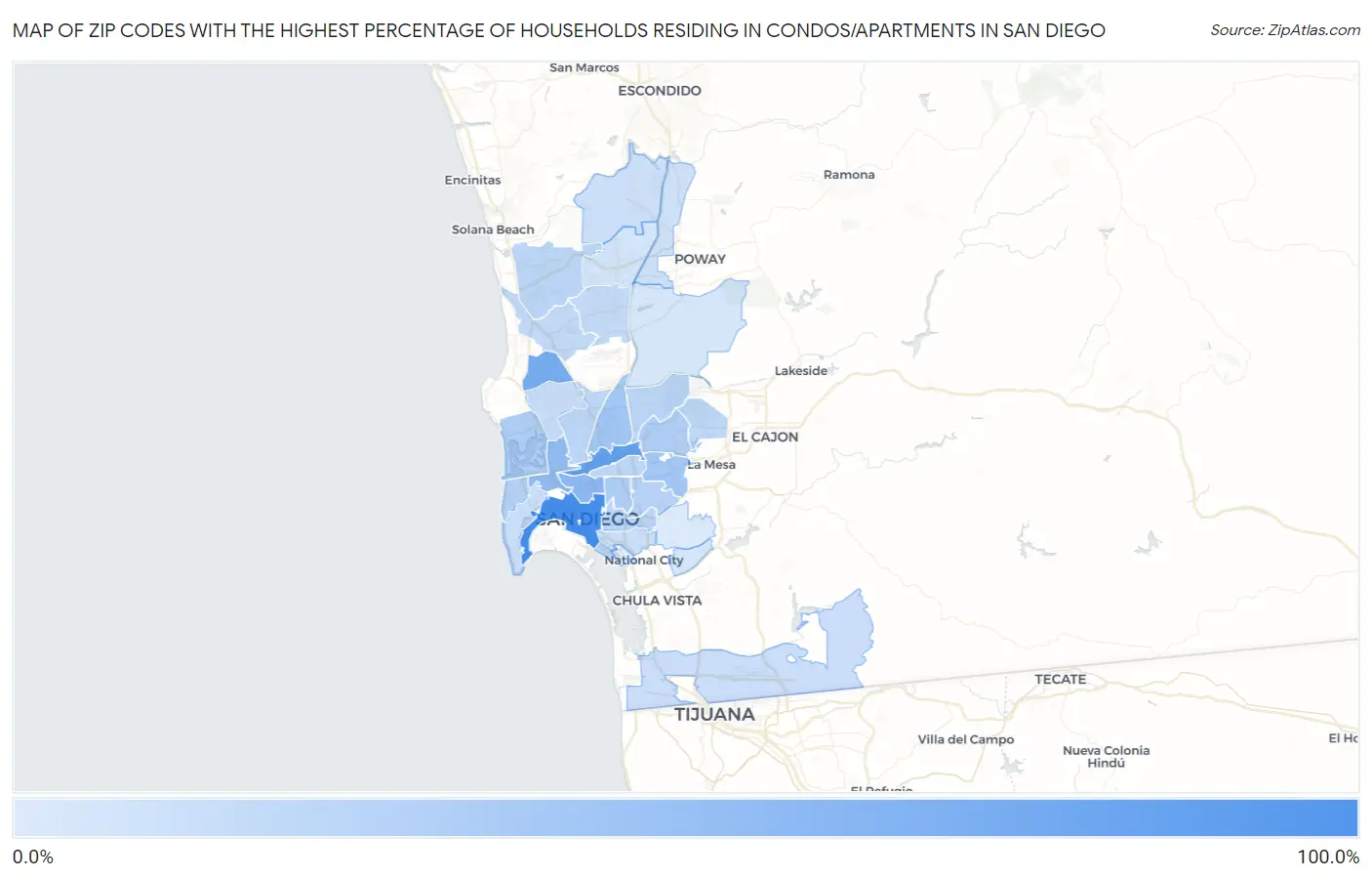 Zip Codes with the Highest Percentage of Households Residing in Condos/Apartments in San Diego Map