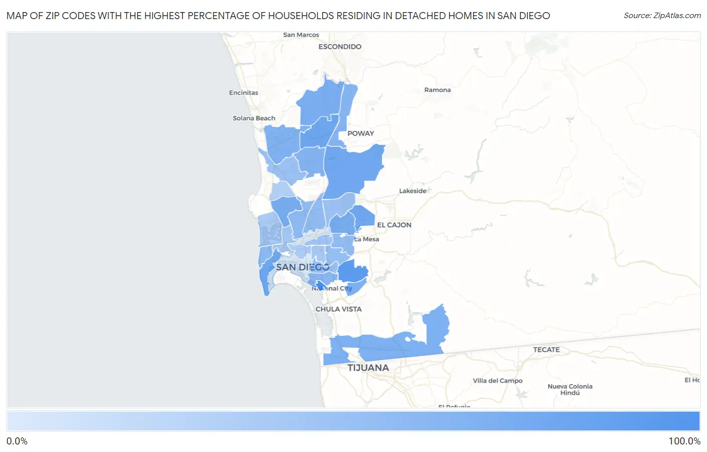 Zip Codes with the Highest Percentage of Households Residing in Detached Homes in San Diego Map