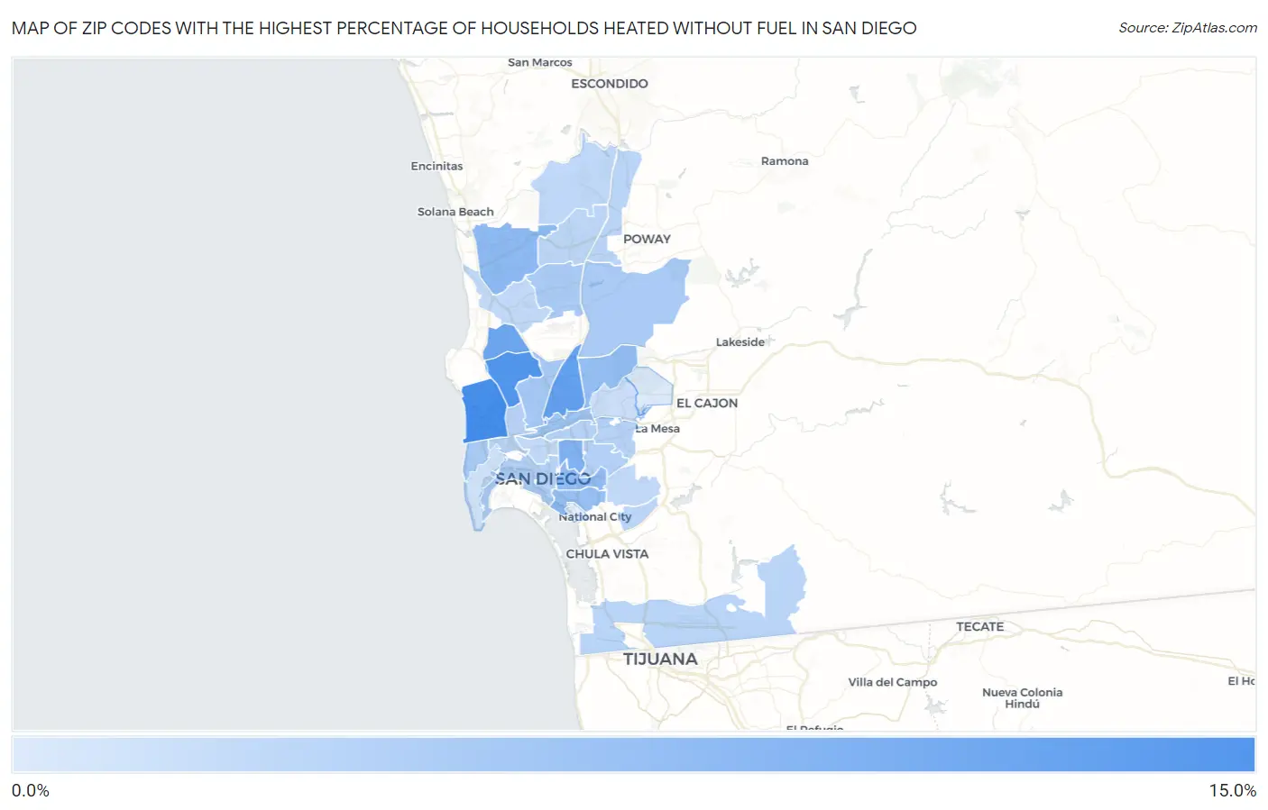 Zip Codes with the Highest Percentage of Households Heated without Fuel in San Diego Map
