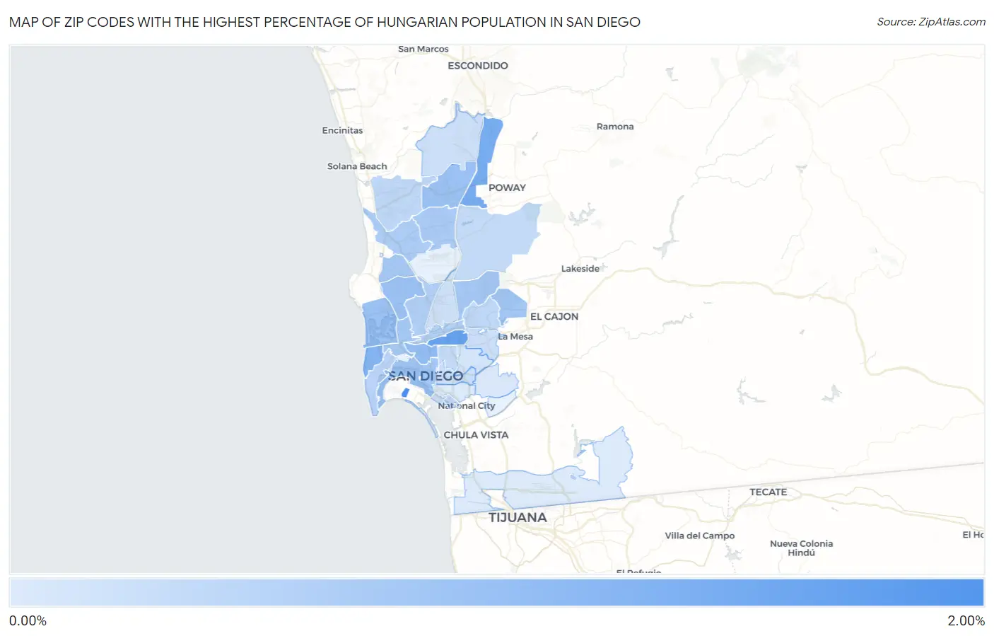 Zip Codes with the Highest Percentage of Hungarian Population in San Diego Map