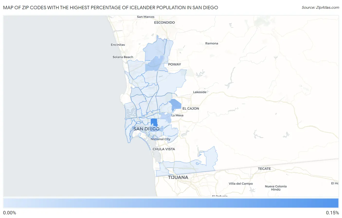 Zip Codes with the Highest Percentage of Icelander Population in San Diego Map
