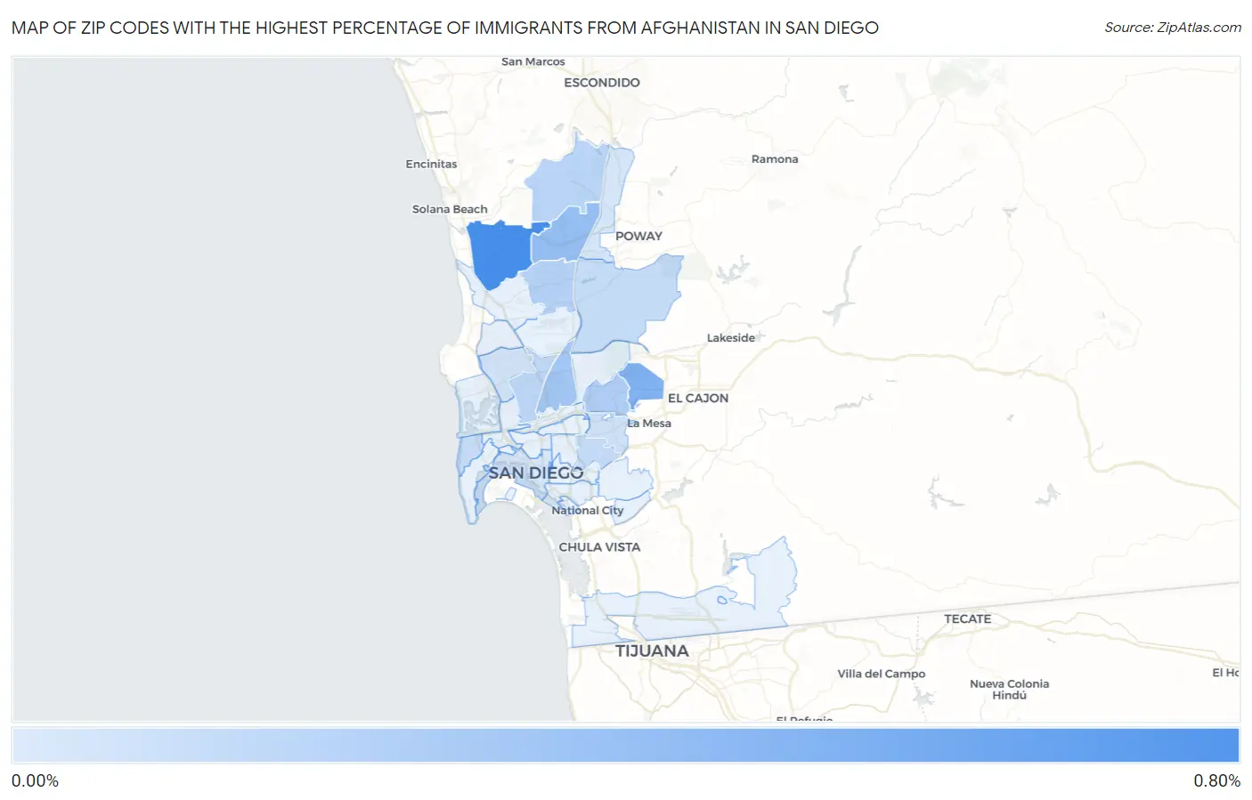 Zip Codes with the Highest Percentage of Immigrants from Afghanistan in San Diego Map