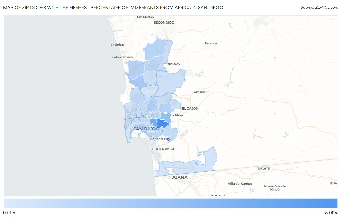 Zip Codes with the Highest Percentage of Immigrants from Africa in San Diego Map