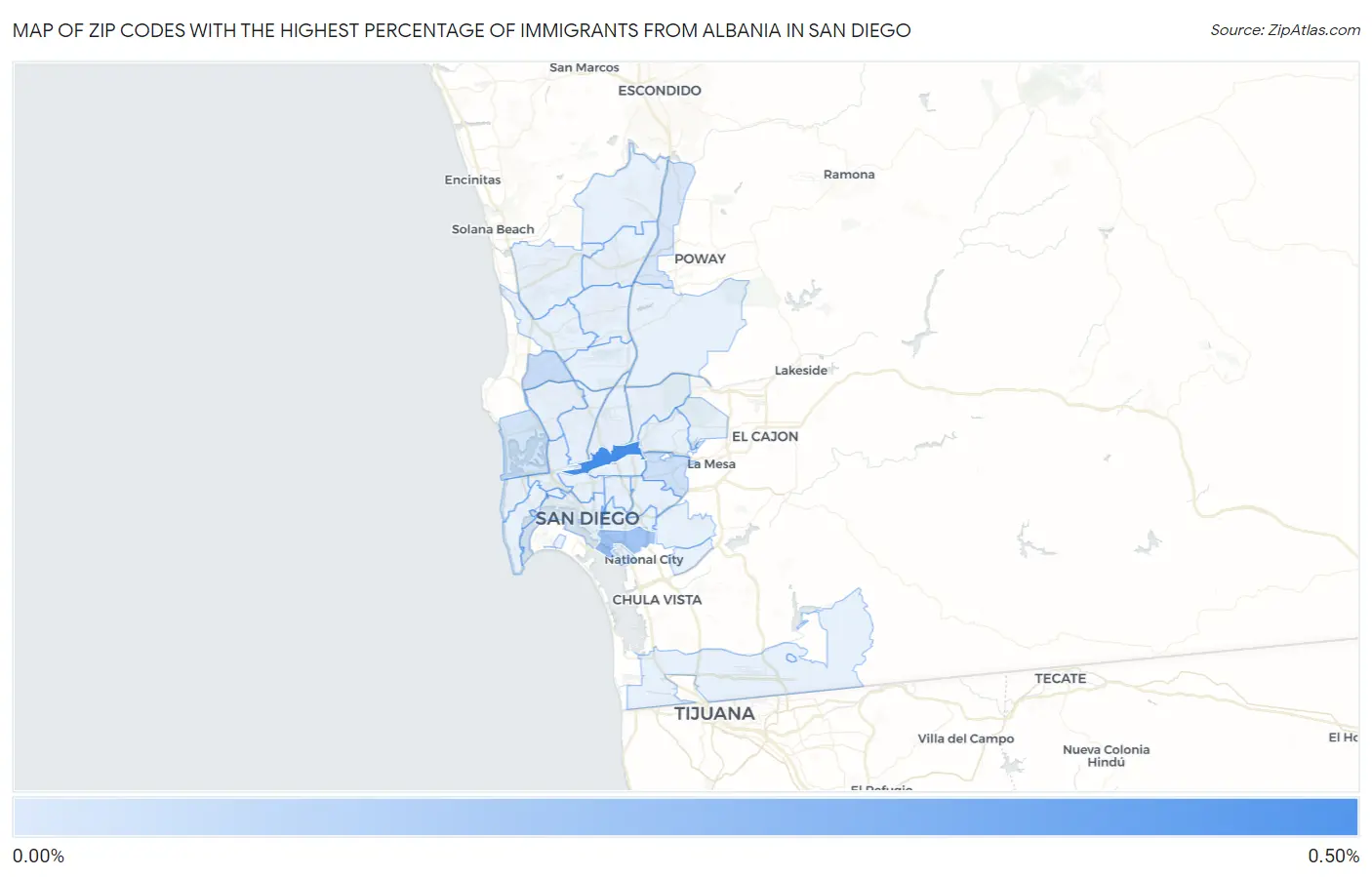 Zip Codes with the Highest Percentage of Immigrants from Albania in San Diego Map