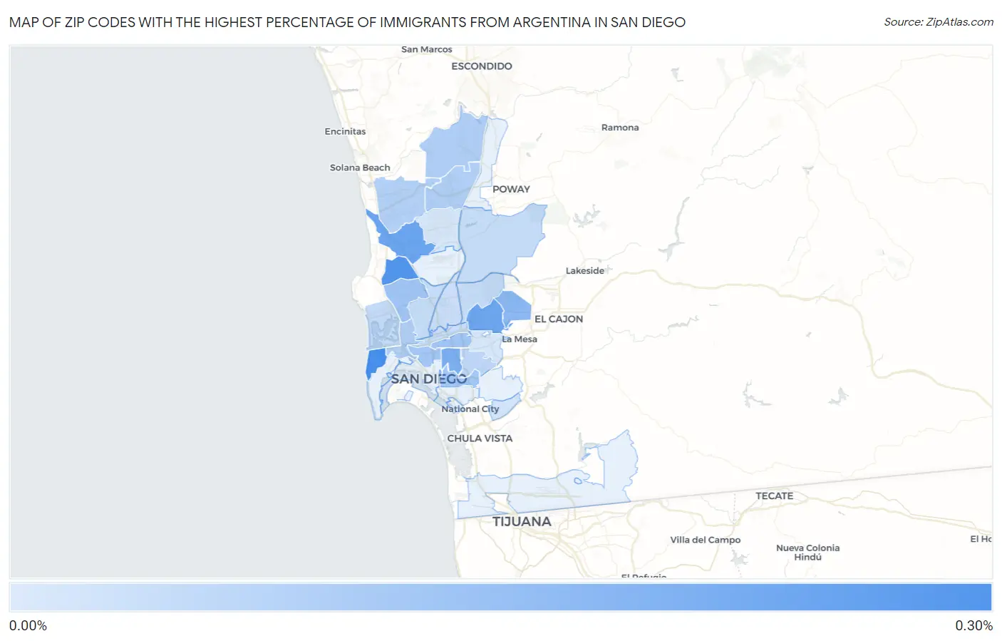 Zip Codes with the Highest Percentage of Immigrants from Argentina in San Diego Map
