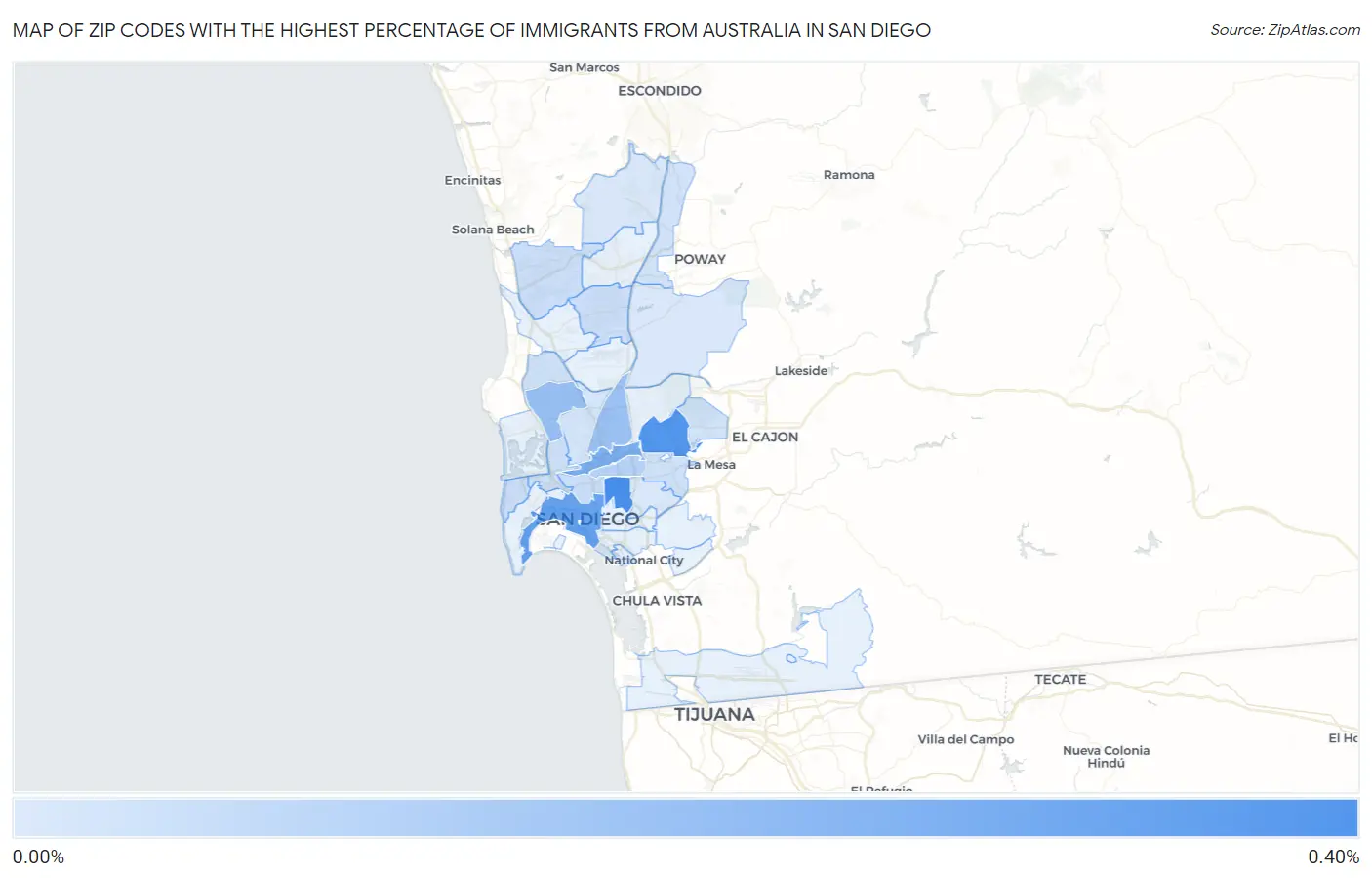 Zip Codes with the Highest Percentage of Immigrants from Australia in San Diego Map