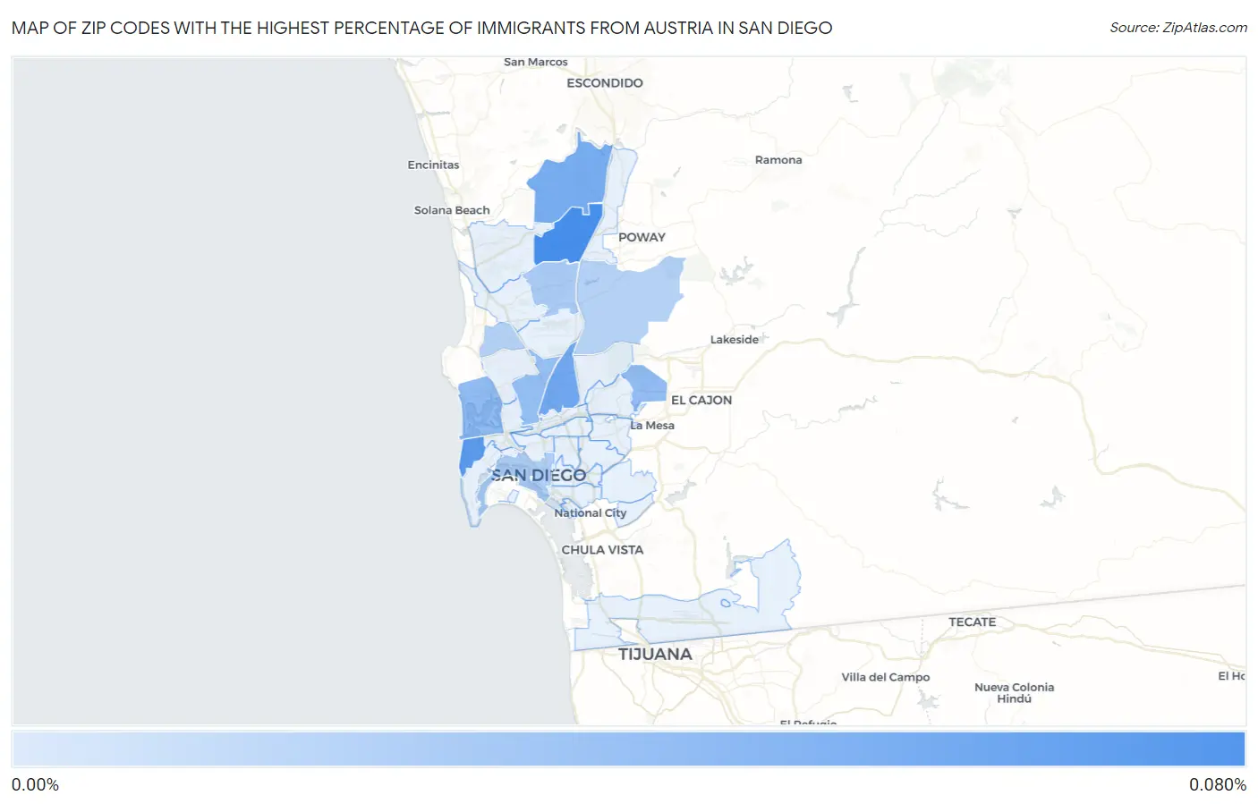 Zip Codes with the Highest Percentage of Immigrants from Austria in San Diego Map