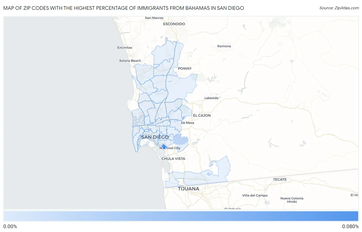 Zip Codes with the Highest Percentage of Immigrants from Bahamas in San Diego Map