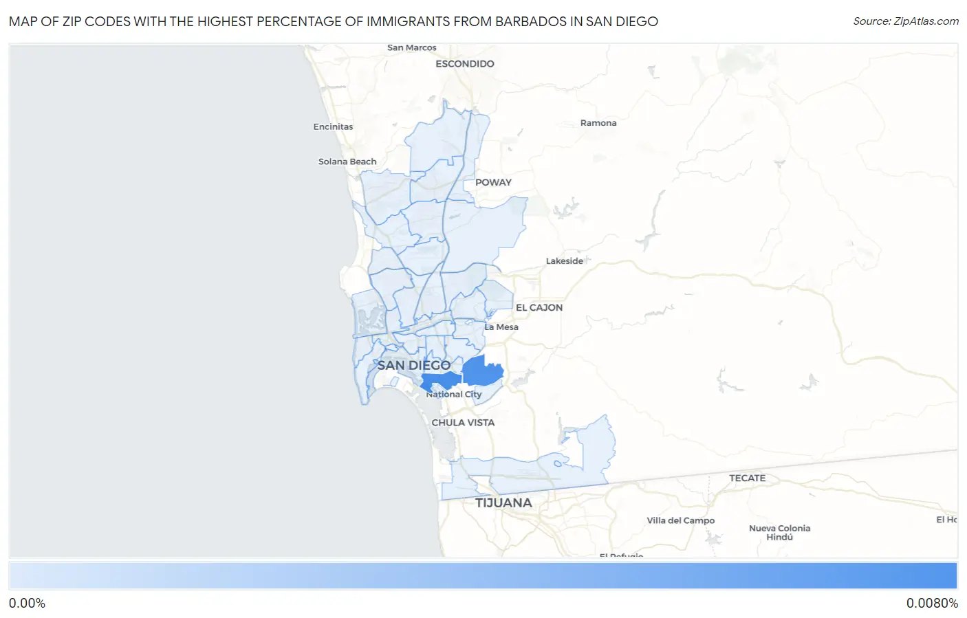 Zip Codes with the Highest Percentage of Immigrants from Barbados in San Diego Map