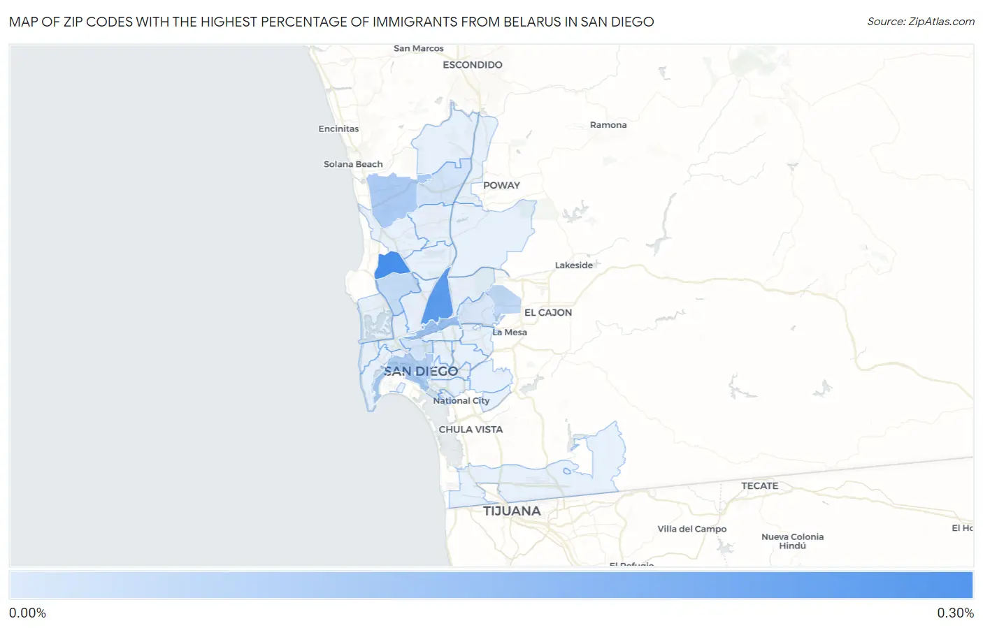 Zip Codes with the Highest Percentage of Immigrants from Belarus in San Diego Map