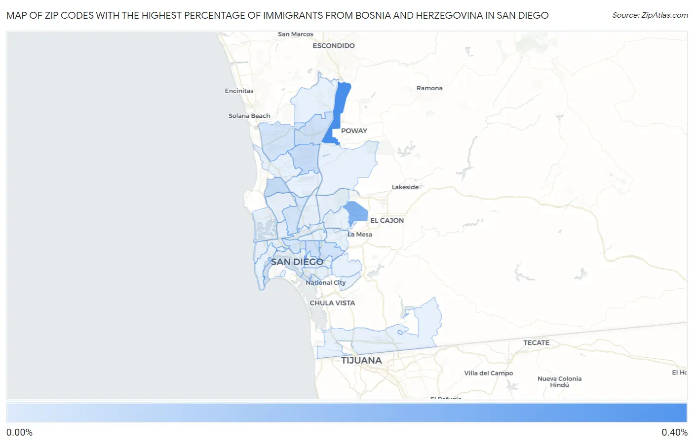 Zip Codes with the Highest Percentage of Immigrants from Bosnia and Herzegovina in San Diego Map