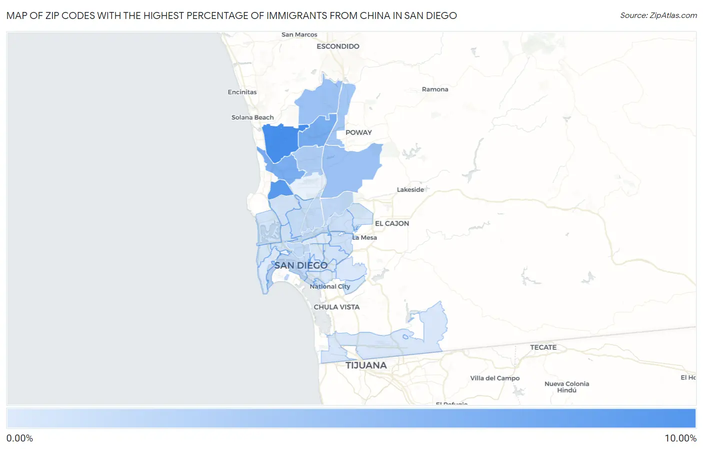 Zip Codes with the Highest Percentage of Immigrants from China in San Diego Map
