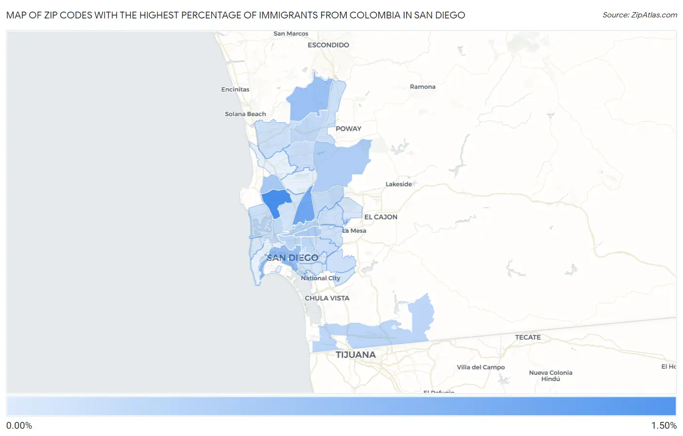 Zip Codes with the Highest Percentage of Immigrants from Colombia in San Diego Map