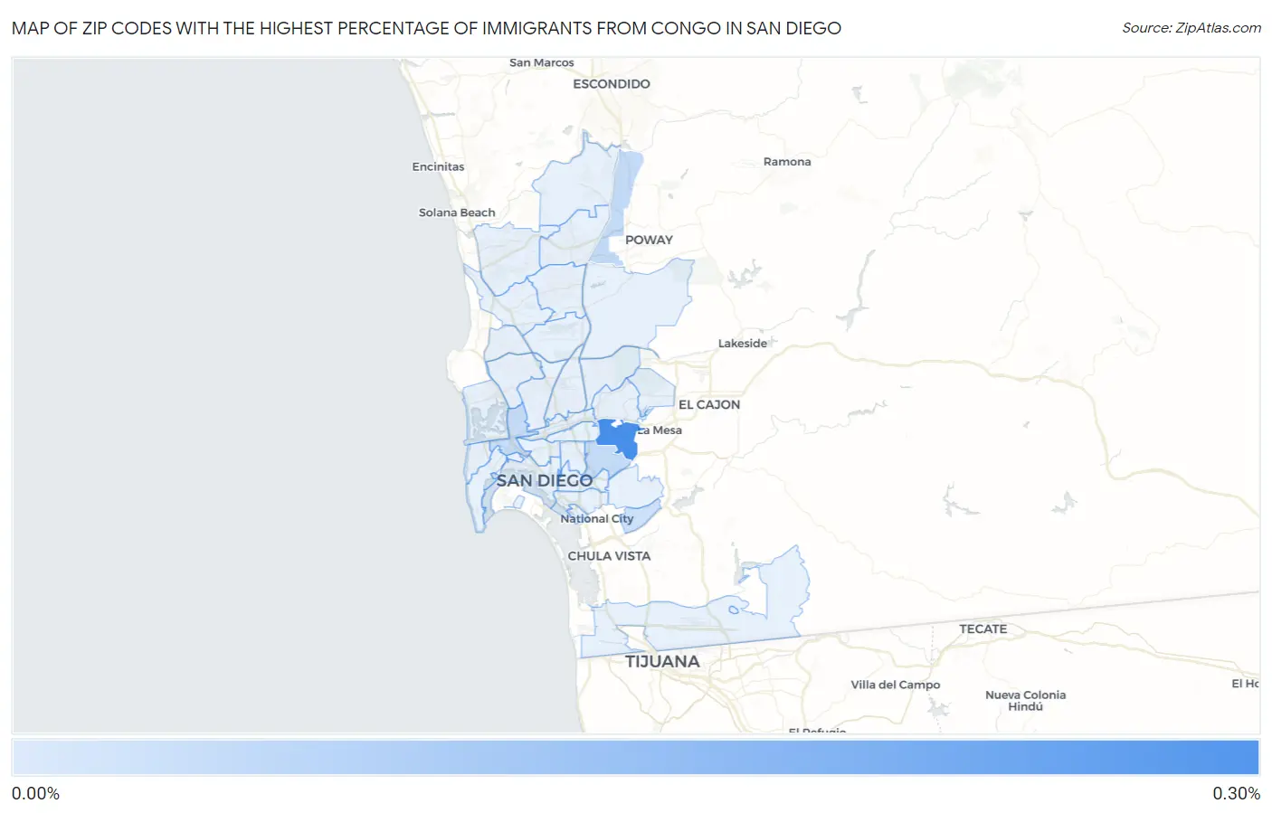 Zip Codes with the Highest Percentage of Immigrants from Congo in San Diego Map