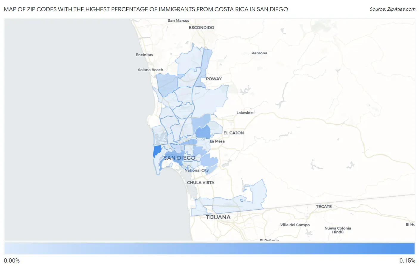 Zip Codes with the Highest Percentage of Immigrants from Costa Rica in San Diego Map