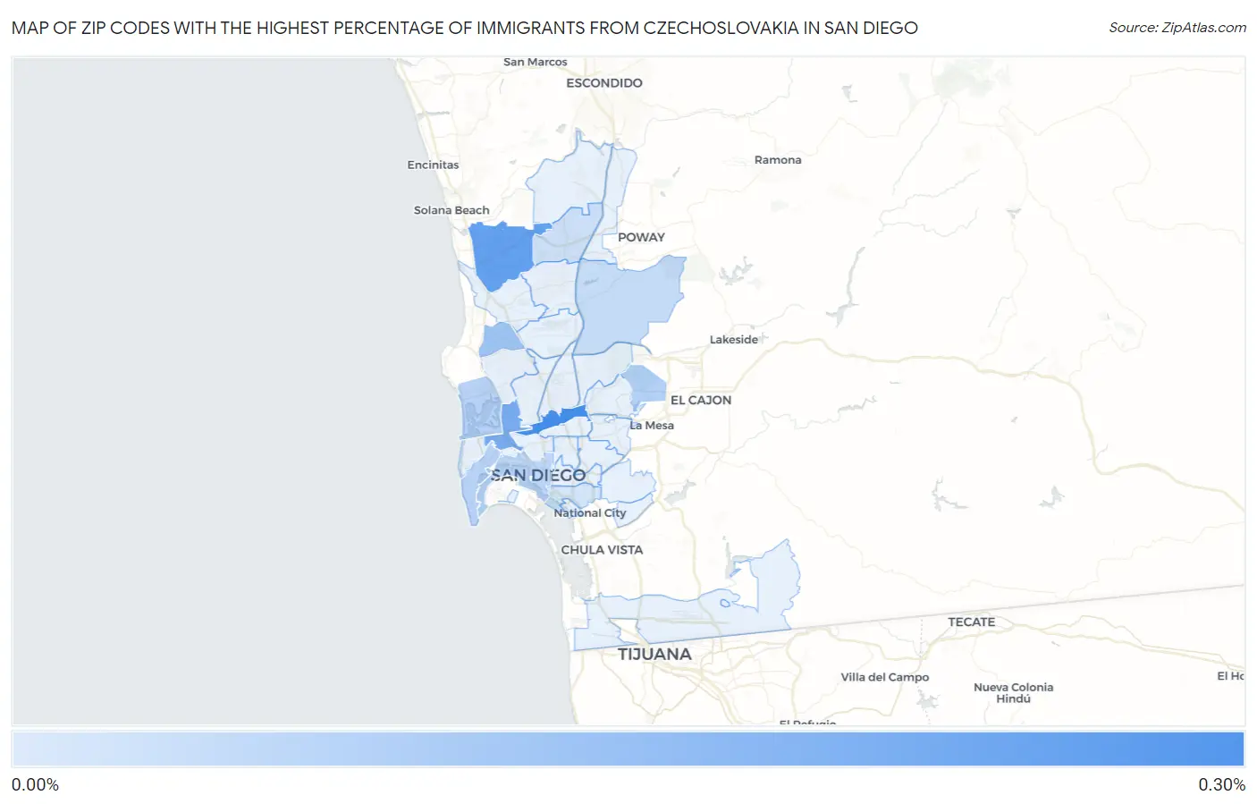 Zip Codes with the Highest Percentage of Immigrants from Czechoslovakia in San Diego Map
