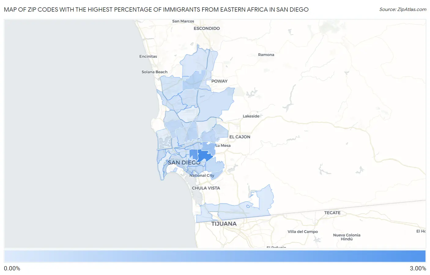 Zip Codes with the Highest Percentage of Immigrants from Eastern Africa in San Diego Map
