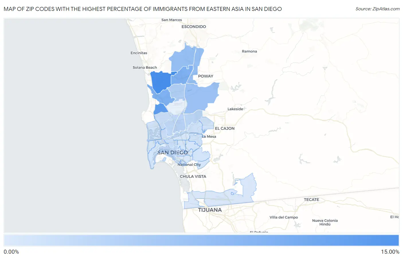 Zip Codes with the Highest Percentage of Immigrants from Eastern Asia in San Diego Map