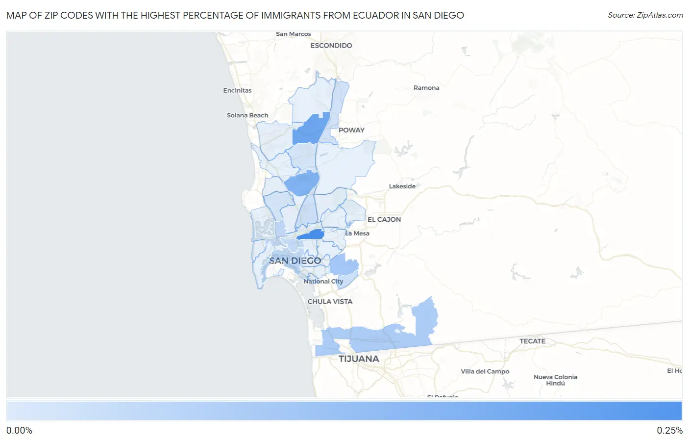 Zip Codes with the Highest Percentage of Immigrants from Ecuador in San Diego Map
