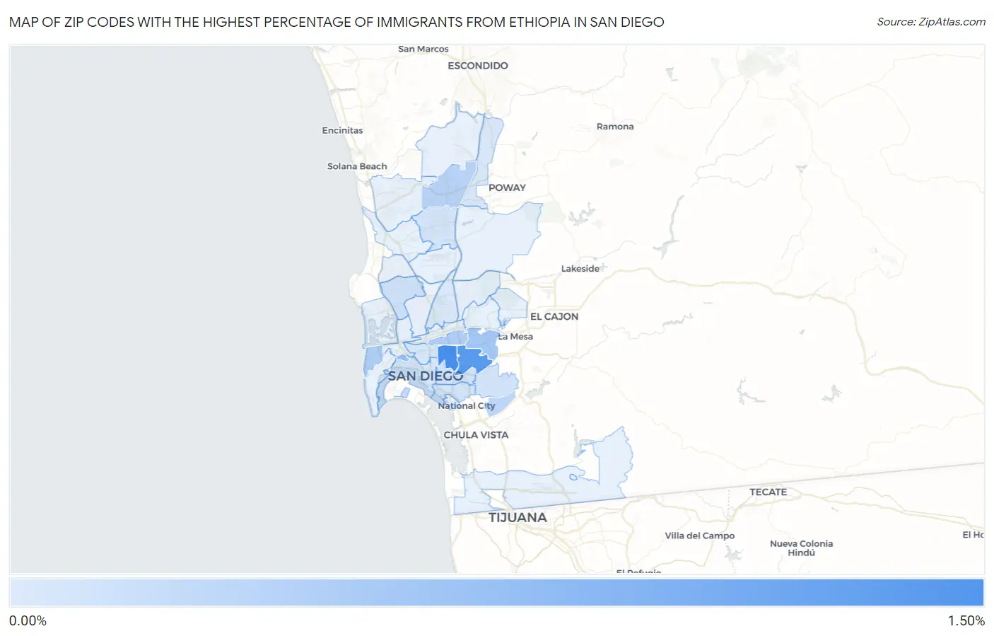 Zip Codes with the Highest Percentage of Immigrants from Ethiopia in San Diego Map