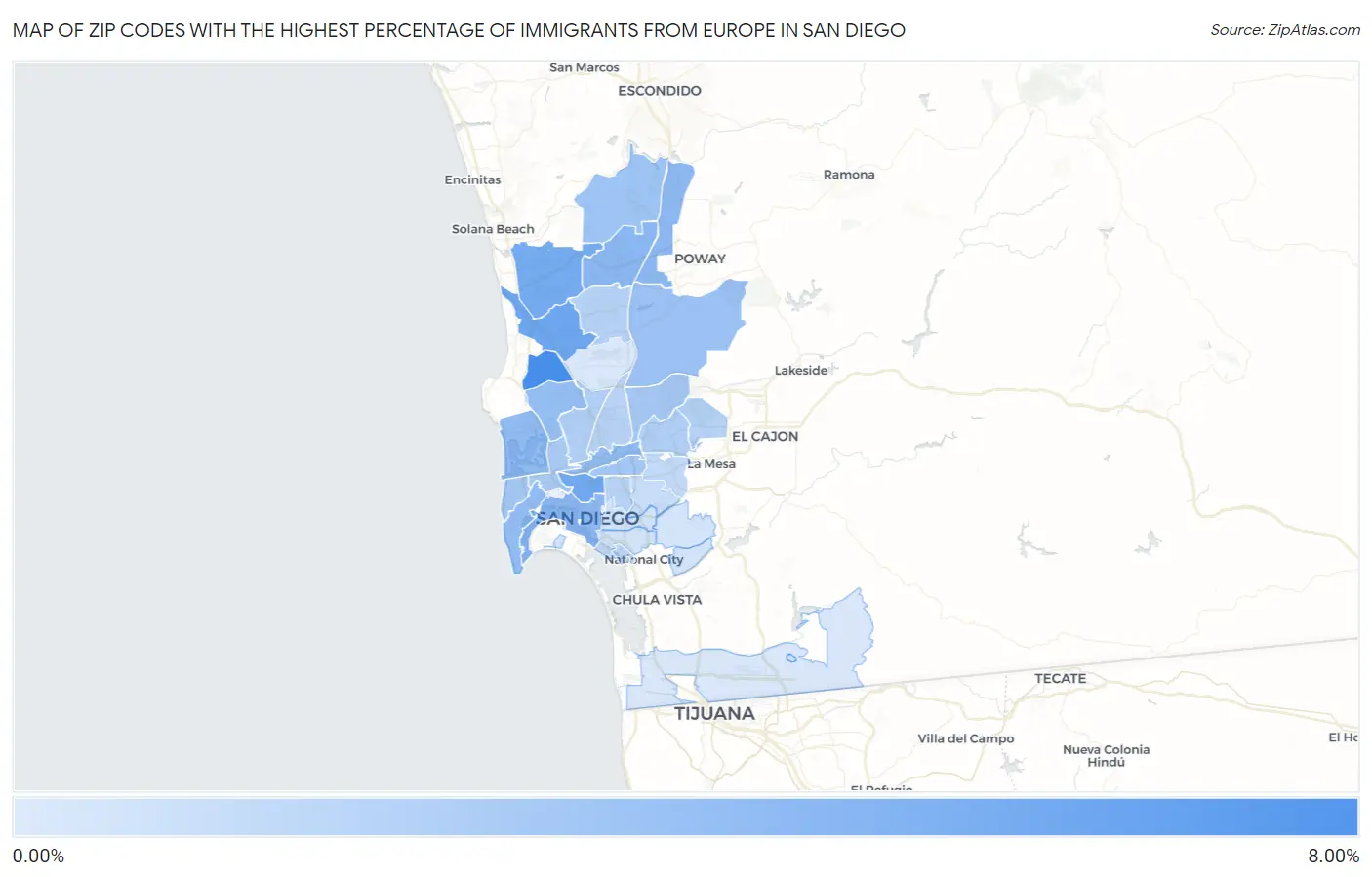 Zip Codes with the Highest Percentage of Immigrants from Europe in San Diego Map