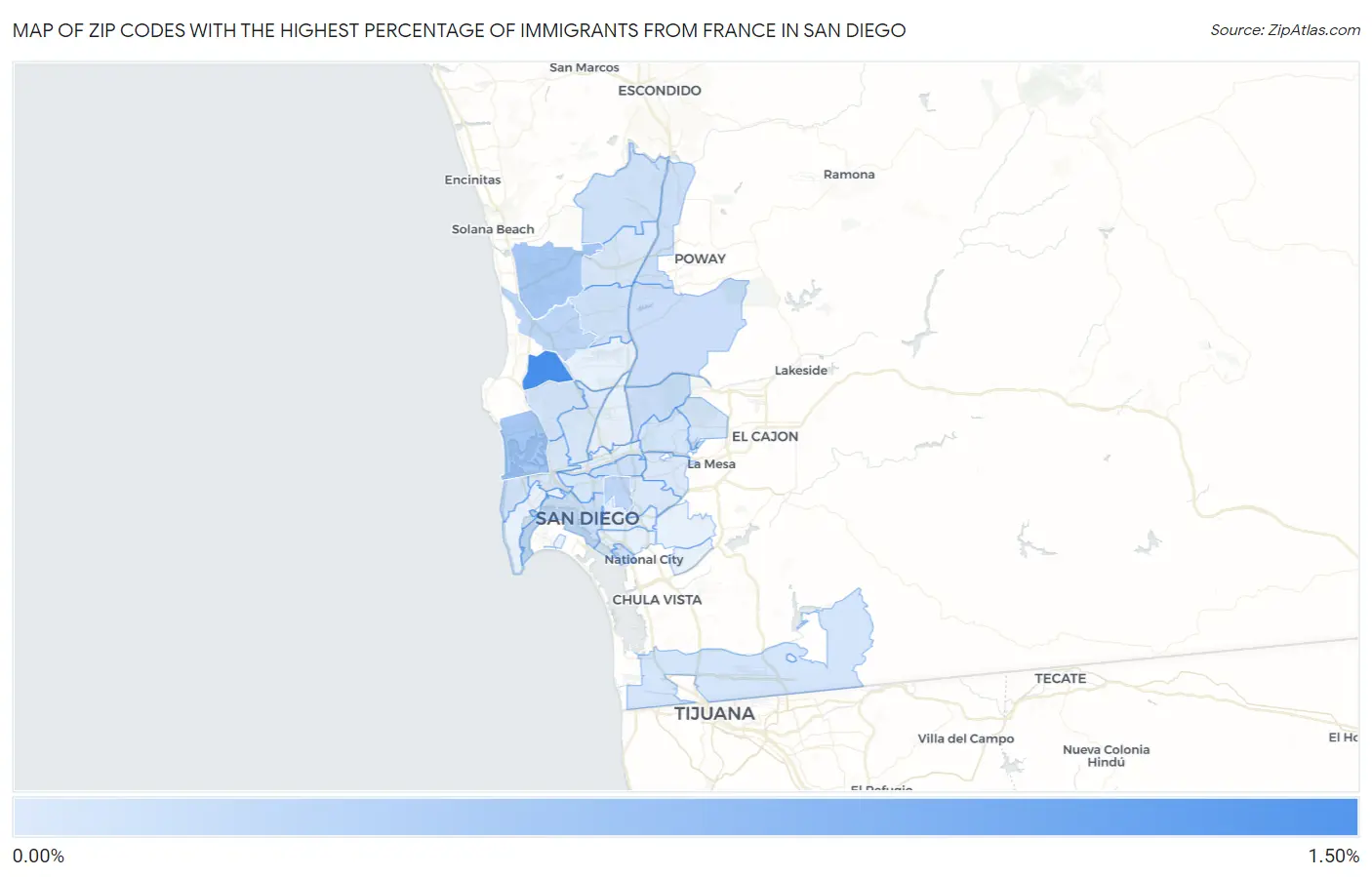 Zip Codes with the Highest Percentage of Immigrants from France in San Diego Map